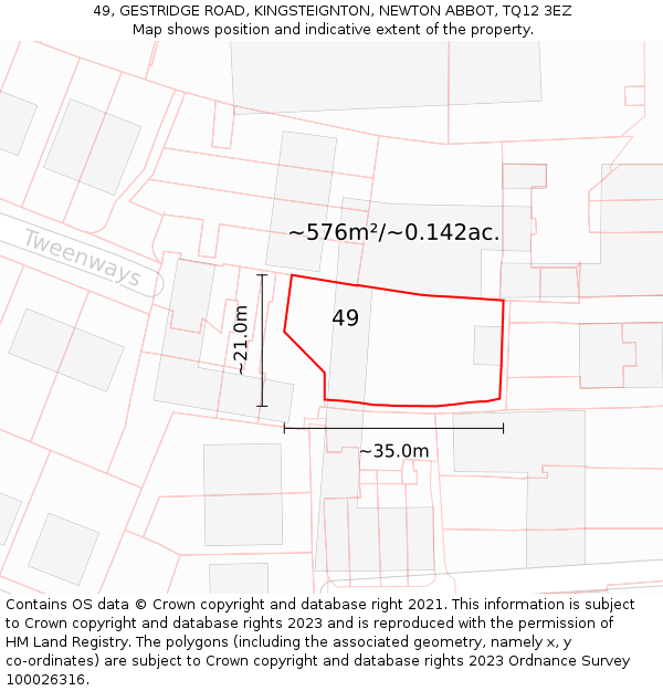 49, GESTRIDGE ROAD, KINGSTEIGNTON, NEWTON ABBOT, TQ12 3EZ: Plot and title map