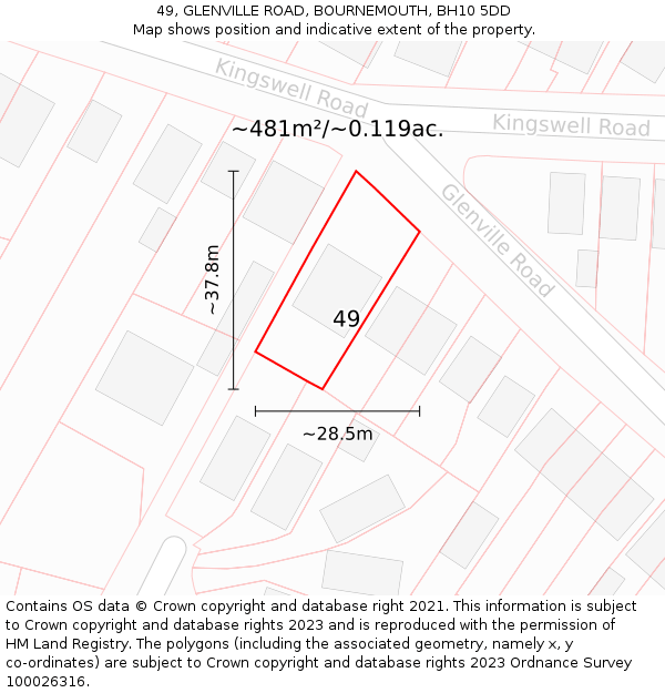 49, GLENVILLE ROAD, BOURNEMOUTH, BH10 5DD: Plot and title map