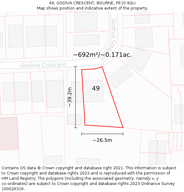 49, GODIVA CRESCENT, BOURNE, PE10 9QU: Plot and title map