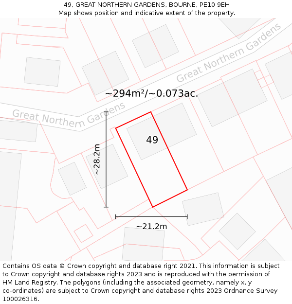 49, GREAT NORTHERN GARDENS, BOURNE, PE10 9EH: Plot and title map