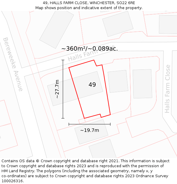 49, HALLS FARM CLOSE, WINCHESTER, SO22 6RE: Plot and title map