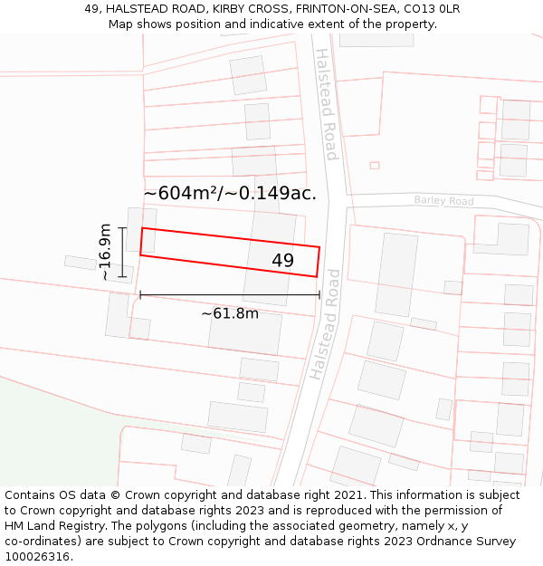 49, HALSTEAD ROAD, KIRBY CROSS, FRINTON-ON-SEA, CO13 0LR: Plot and title map