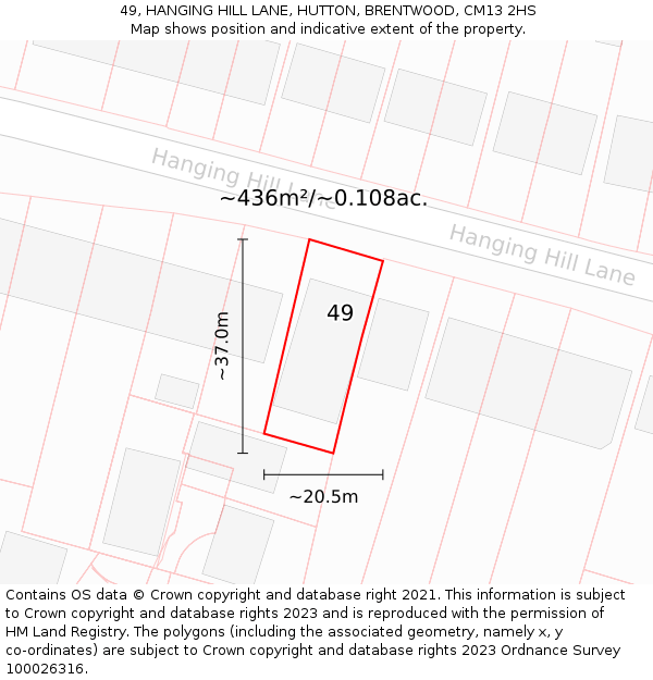 49, HANGING HILL LANE, HUTTON, BRENTWOOD, CM13 2HS: Plot and title map