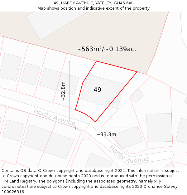 49, HARDY AVENUE, YATELEY, GU46 6XU: Plot and title map