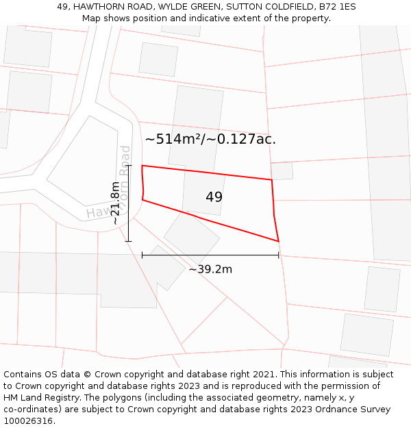 49, HAWTHORN ROAD, WYLDE GREEN, SUTTON COLDFIELD, B72 1ES: Plot and title map