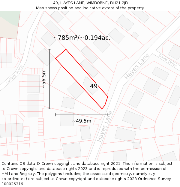 49, HAYES LANE, WIMBORNE, BH21 2JB: Plot and title map