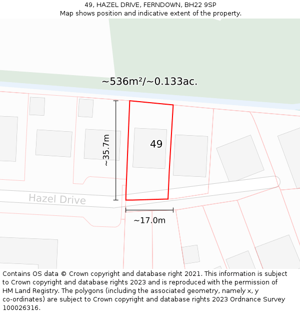 49, HAZEL DRIVE, FERNDOWN, BH22 9SP: Plot and title map