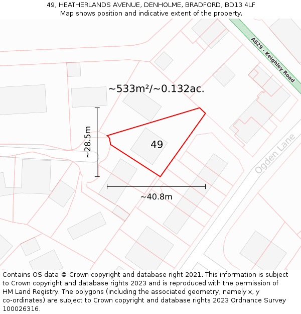 49, HEATHERLANDS AVENUE, DENHOLME, BRADFORD, BD13 4LF: Plot and title map