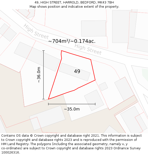 49, HIGH STREET, HARROLD, BEDFORD, MK43 7BH: Plot and title map