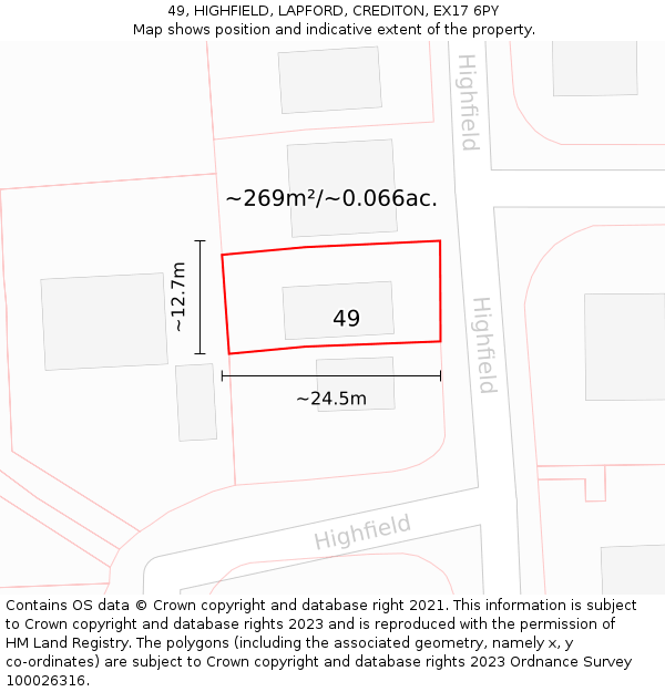 49, HIGHFIELD, LAPFORD, CREDITON, EX17 6PY: Plot and title map