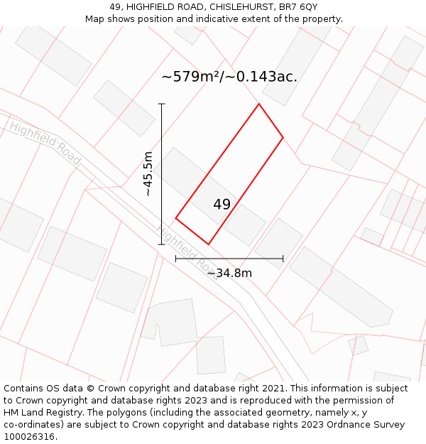 49, HIGHFIELD ROAD, CHISLEHURST, BR7 6QY: Plot and title map