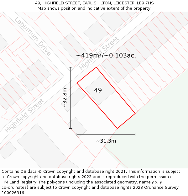 49, HIGHFIELD STREET, EARL SHILTON, LEICESTER, LE9 7HS: Plot and title map
