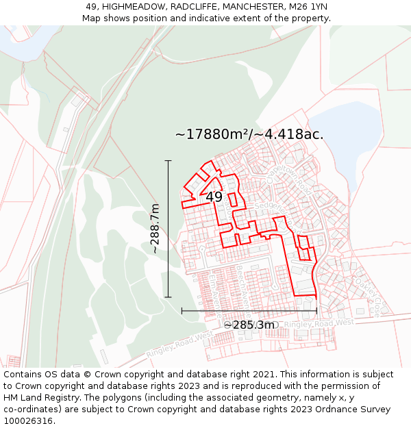 49, HIGHMEADOW, RADCLIFFE, MANCHESTER, M26 1YN: Plot and title map