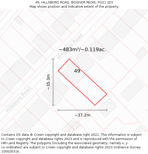 49, HILLSBORO ROAD, BOGNOR REGIS, PO21 2DY: Plot and title map