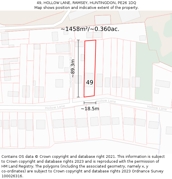 49, HOLLOW LANE, RAMSEY, HUNTINGDON, PE26 1DQ: Plot and title map