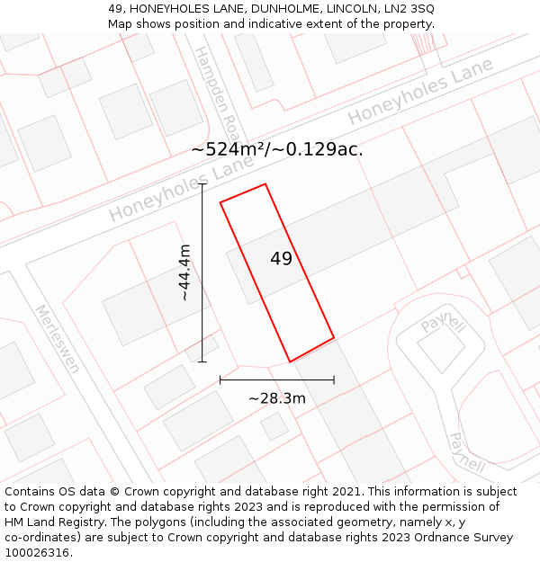 49, HONEYHOLES LANE, DUNHOLME, LINCOLN, LN2 3SQ: Plot and title map
