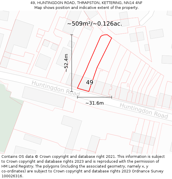 49, HUNTINGDON ROAD, THRAPSTON, KETTERING, NN14 4NF: Plot and title map