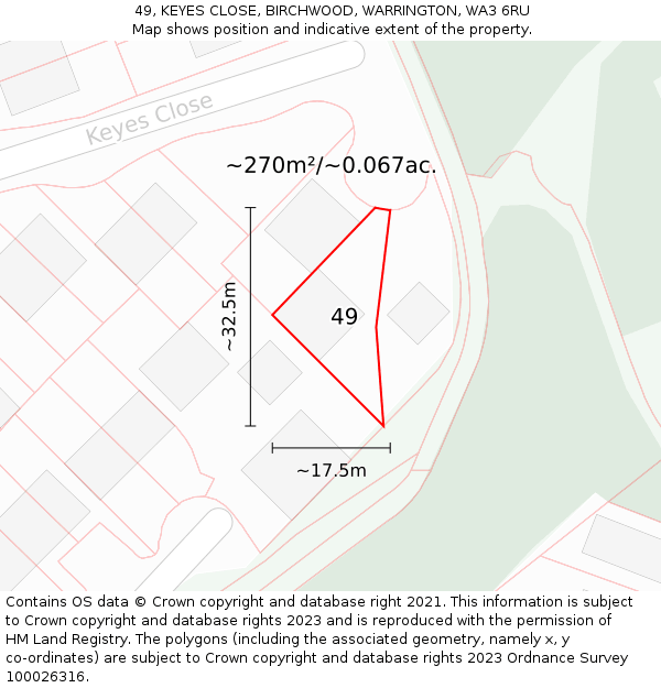 49, KEYES CLOSE, BIRCHWOOD, WARRINGTON, WA3 6RU: Plot and title map