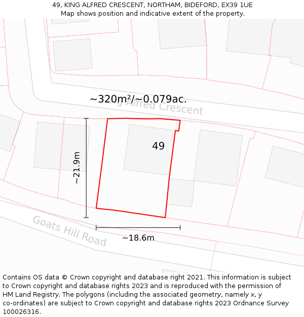 49, KING ALFRED CRESCENT, NORTHAM, BIDEFORD, EX39 1UE: Plot and title map