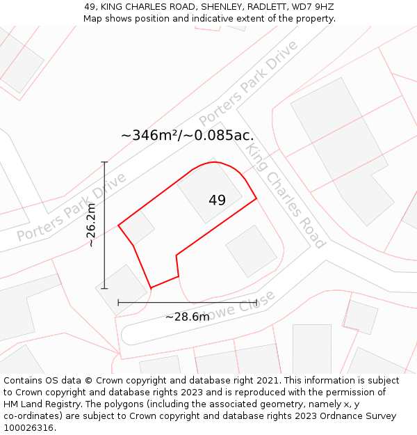 49, KING CHARLES ROAD, SHENLEY, RADLETT, WD7 9HZ: Plot and title map