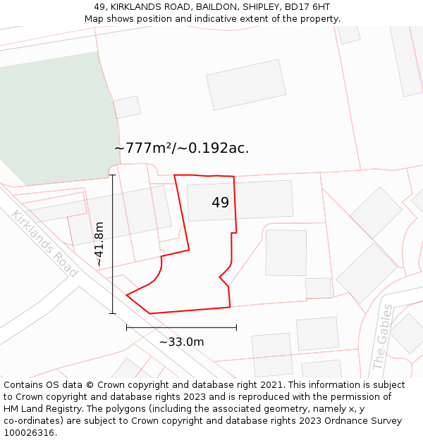 49, KIRKLANDS ROAD, BAILDON, SHIPLEY, BD17 6HT: Plot and title map