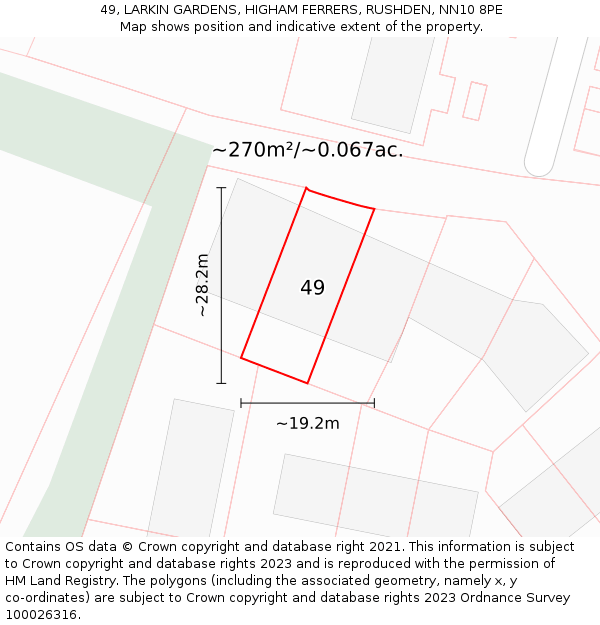 49, LARKIN GARDENS, HIGHAM FERRERS, RUSHDEN, NN10 8PE: Plot and title map