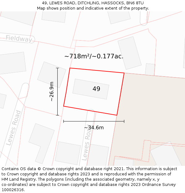 49, LEWES ROAD, DITCHLING, HASSOCKS, BN6 8TU: Plot and title map