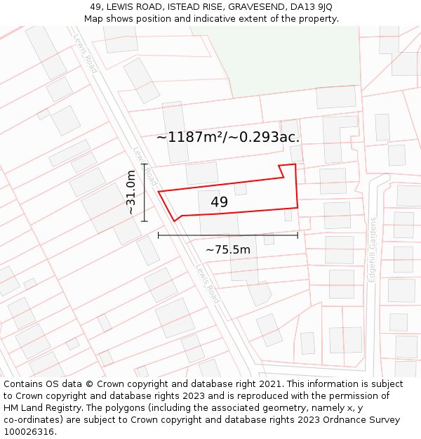 49, LEWIS ROAD, ISTEAD RISE, GRAVESEND, DA13 9JQ: Plot and title map