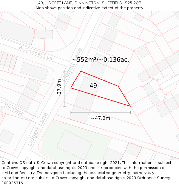 49, LIDGETT LANE, DINNINGTON, SHEFFIELD, S25 2QB: Plot and title map