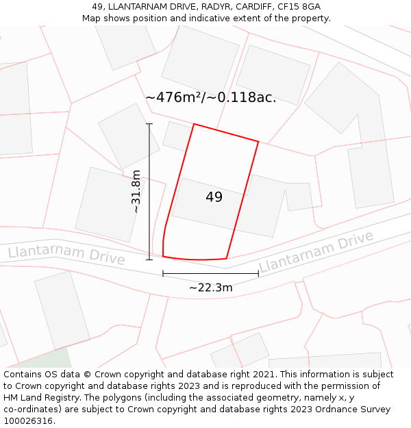 49, LLANTARNAM DRIVE, RADYR, CARDIFF, CF15 8GA: Plot and title map