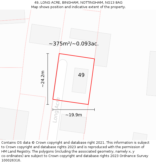 49, LONG ACRE, BINGHAM, NOTTINGHAM, NG13 8AG: Plot and title map