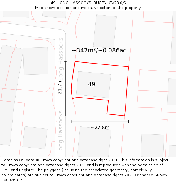 49, LONG HASSOCKS, RUGBY, CV23 0JS: Plot and title map