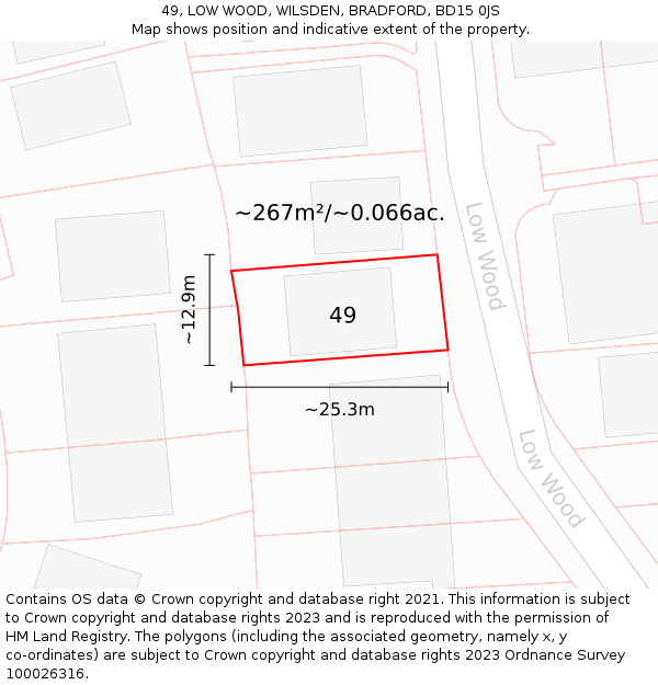 49, LOW WOOD, WILSDEN, BRADFORD, BD15 0JS: Plot and title map