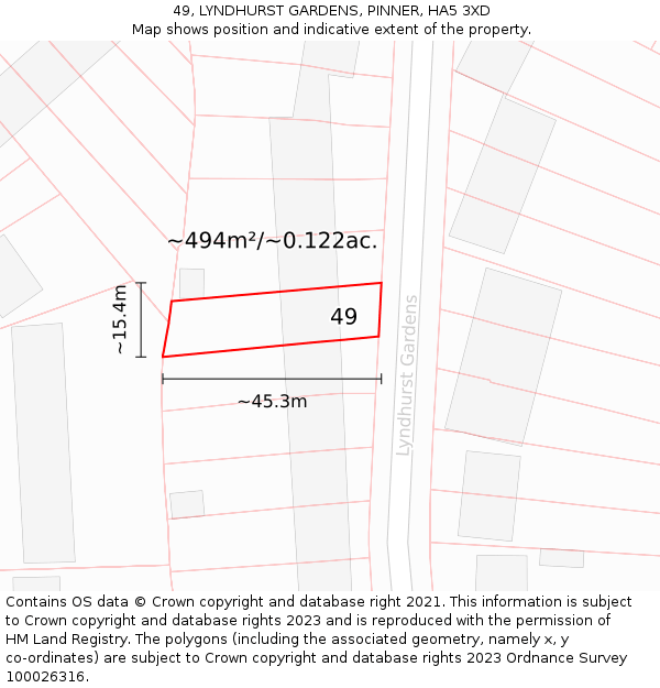 49, LYNDHURST GARDENS, PINNER, HA5 3XD: Plot and title map