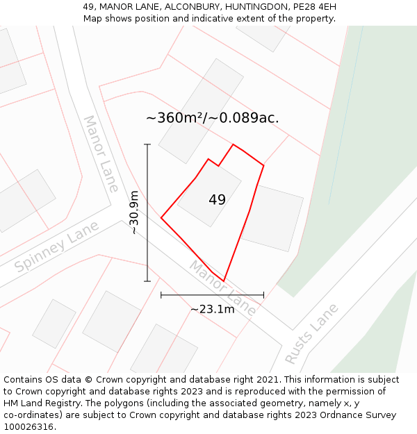 49, MANOR LANE, ALCONBURY, HUNTINGDON, PE28 4EH: Plot and title map