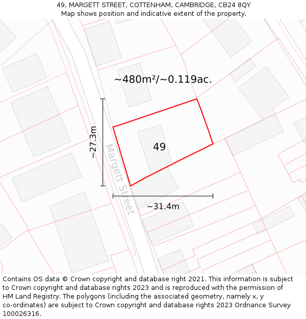 49, MARGETT STREET, COTTENHAM, CAMBRIDGE, CB24 8QY: Plot and title map