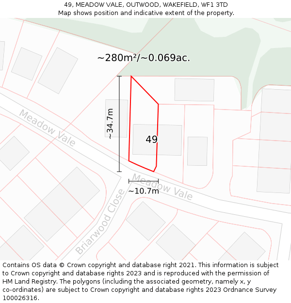 49, MEADOW VALE, OUTWOOD, WAKEFIELD, WF1 3TD: Plot and title map