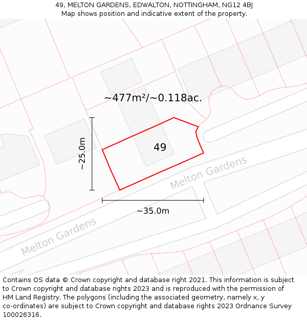 49, MELTON GARDENS, EDWALTON, NOTTINGHAM, NG12 4BJ: Plot and title map