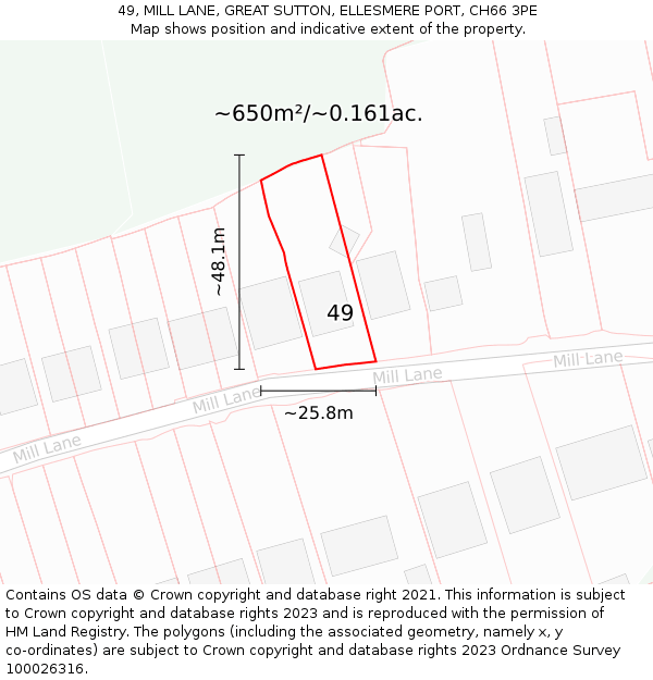 49, MILL LANE, GREAT SUTTON, ELLESMERE PORT, CH66 3PE: Plot and title map