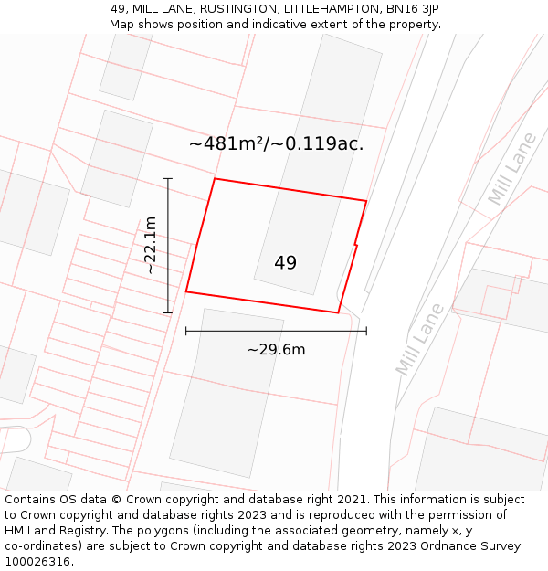 49, MILL LANE, RUSTINGTON, LITTLEHAMPTON, BN16 3JP: Plot and title map