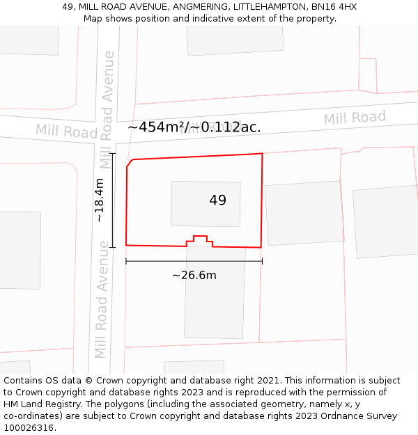 49, MILL ROAD AVENUE, ANGMERING, LITTLEHAMPTON, BN16 4HX: Plot and title map