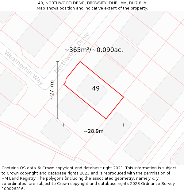 49, NORTHWOOD DRIVE, BROWNEY, DURHAM, DH7 8LA: Plot and title map