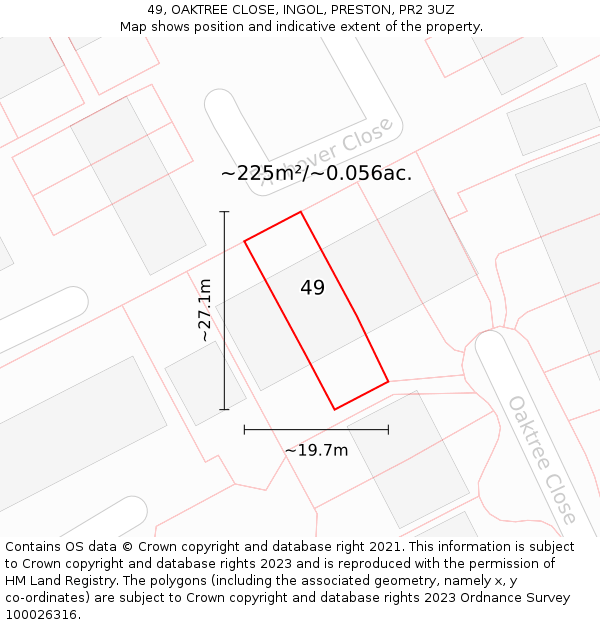 49, OAKTREE CLOSE, INGOL, PRESTON, PR2 3UZ: Plot and title map