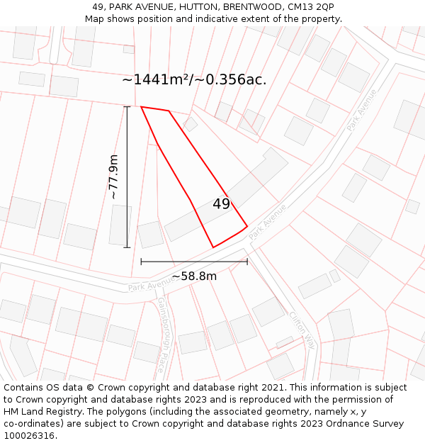 49, PARK AVENUE, HUTTON, BRENTWOOD, CM13 2QP: Plot and title map