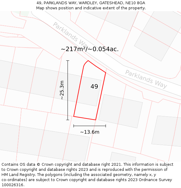 49, PARKLANDS WAY, WARDLEY, GATESHEAD, NE10 8GA: Plot and title map