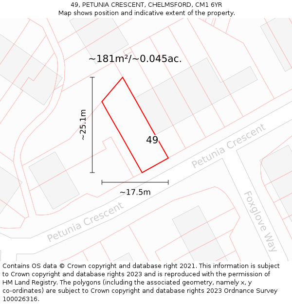 49, PETUNIA CRESCENT, CHELMSFORD, CM1 6YR: Plot and title map