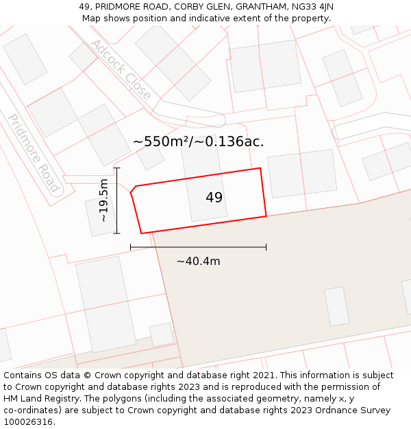 49, PRIDMORE ROAD, CORBY GLEN, GRANTHAM, NG33 4JN: Plot and title map