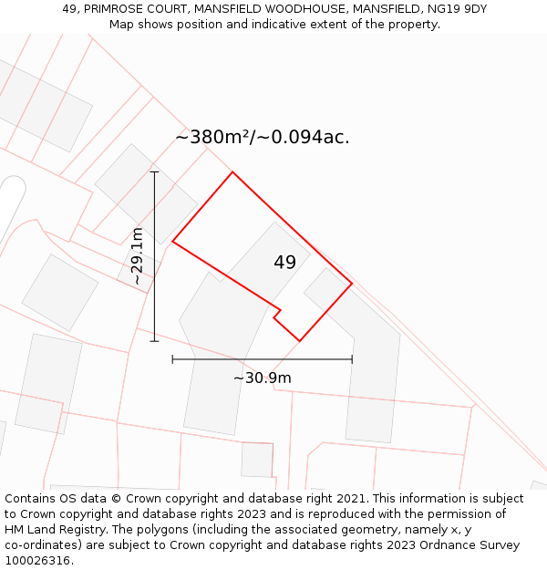 49, PRIMROSE COURT, MANSFIELD WOODHOUSE, MANSFIELD, NG19 9DY: Plot and title map