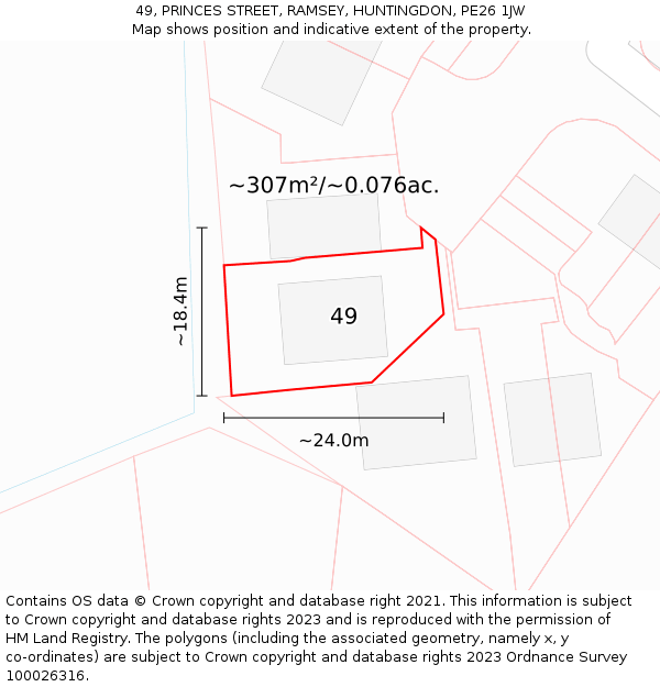 49, PRINCES STREET, RAMSEY, HUNTINGDON, PE26 1JW: Plot and title map