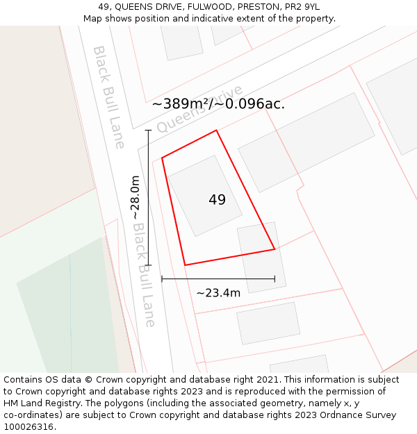 49, QUEENS DRIVE, FULWOOD, PRESTON, PR2 9YL: Plot and title map